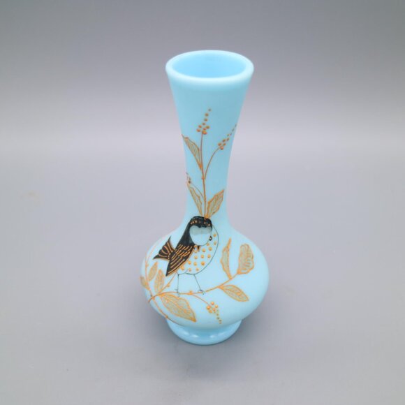 Antique Victorian Blue Bristol Glass Vase with Hand Painted Bird and Floral - Picture 7 of 9